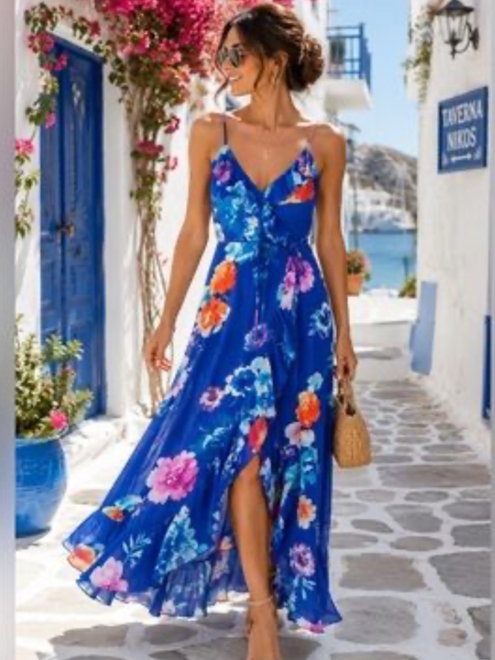 Lulus Ladean Royal Blue Floral Ruffled Wrap Lightweight Maxi Dress Large